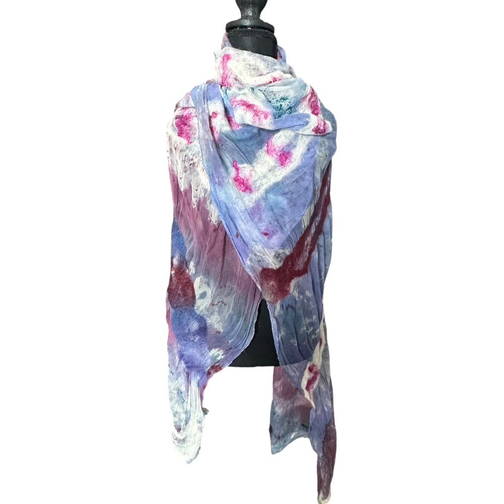 Handmade Nuno Felted Silk Scarf Purple Abstract Watercolor Fiber Art Shawl
